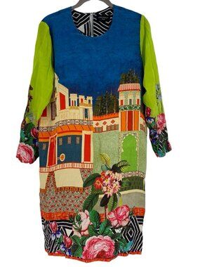 Sana Safinaz Women's Size M Colorful Floral Ethnic Silk Boho Tunic FLAWED SNAGS